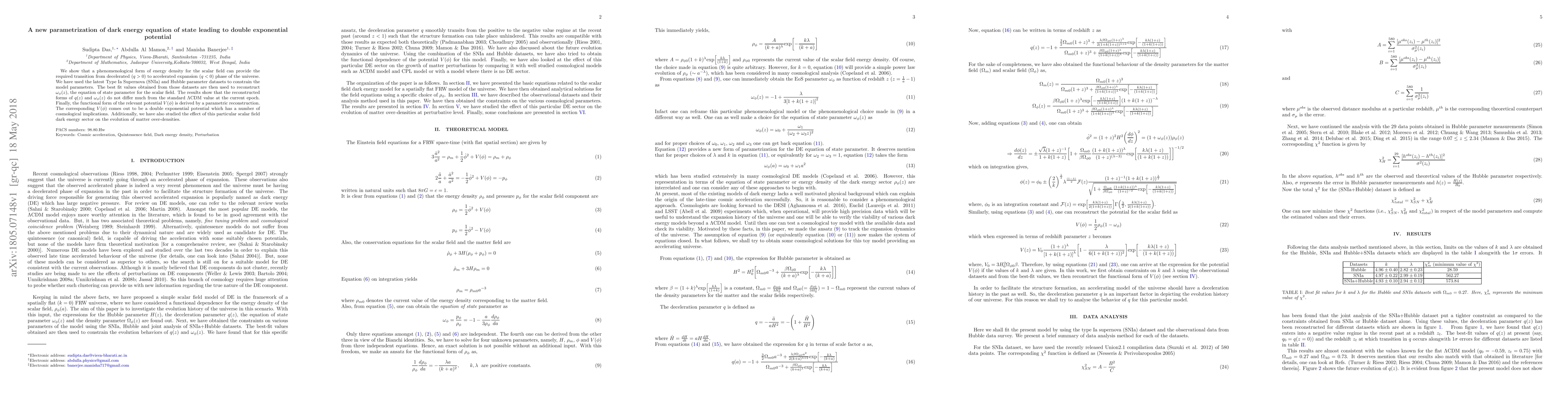 Thumbnail for A new parametrization of dark energy equation of state leading to double
  exponential potential
