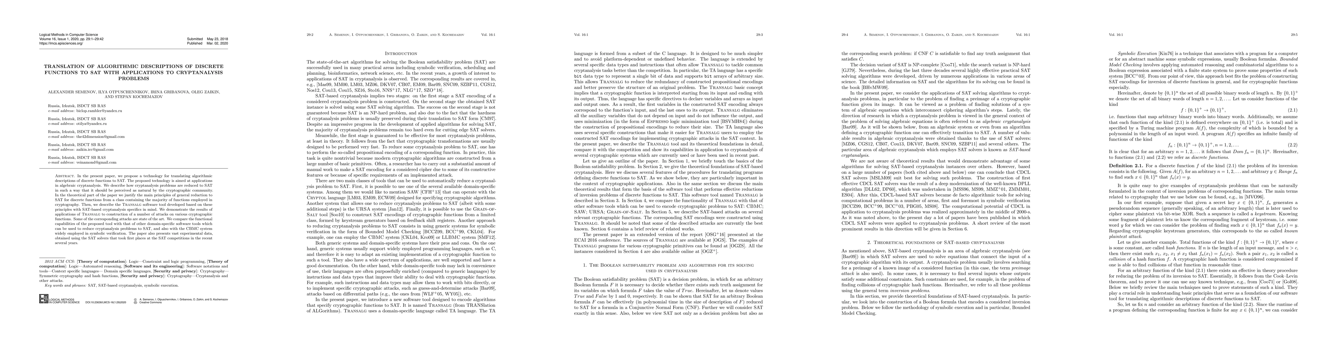 Thumbnail for Translation of Algorithmic Descriptions of Discrete Functions to SAT
  with Applications to Cryptanalysis Problems