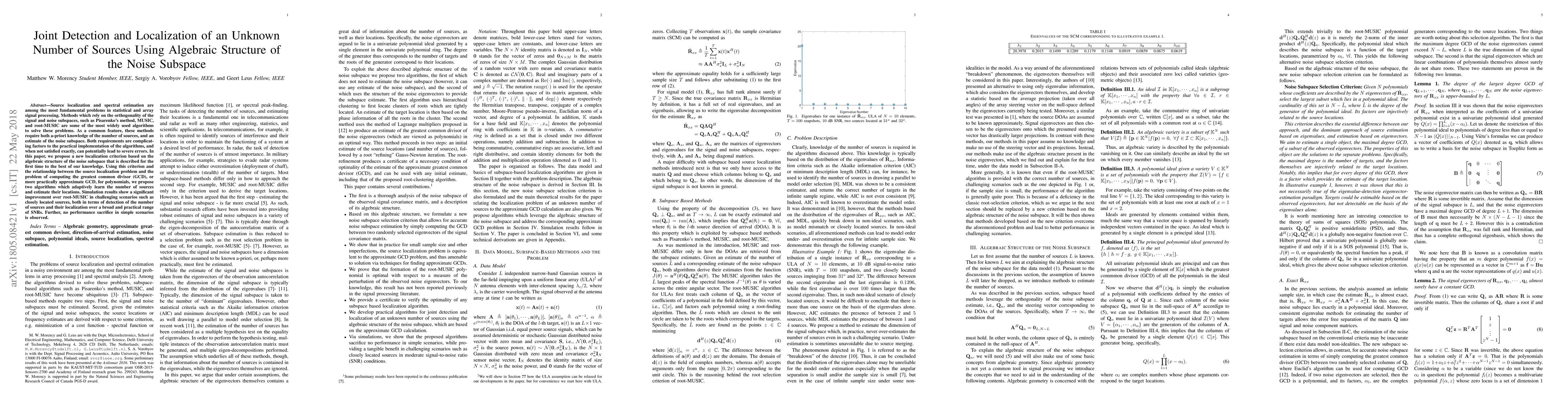Thumbnail for Joint Detection and Localization of an Unknown Number of Sources Using
  Algebraic Structure of the Noise Subspace
