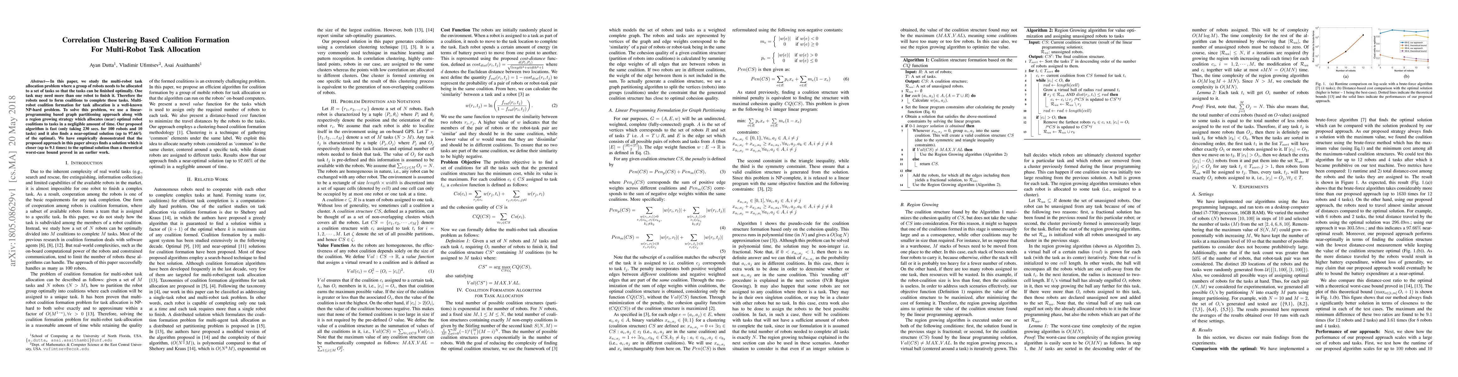 Thumbnail for Correlation Clustering Based Coalition Formation For Multi-Robot Task
  Allocation