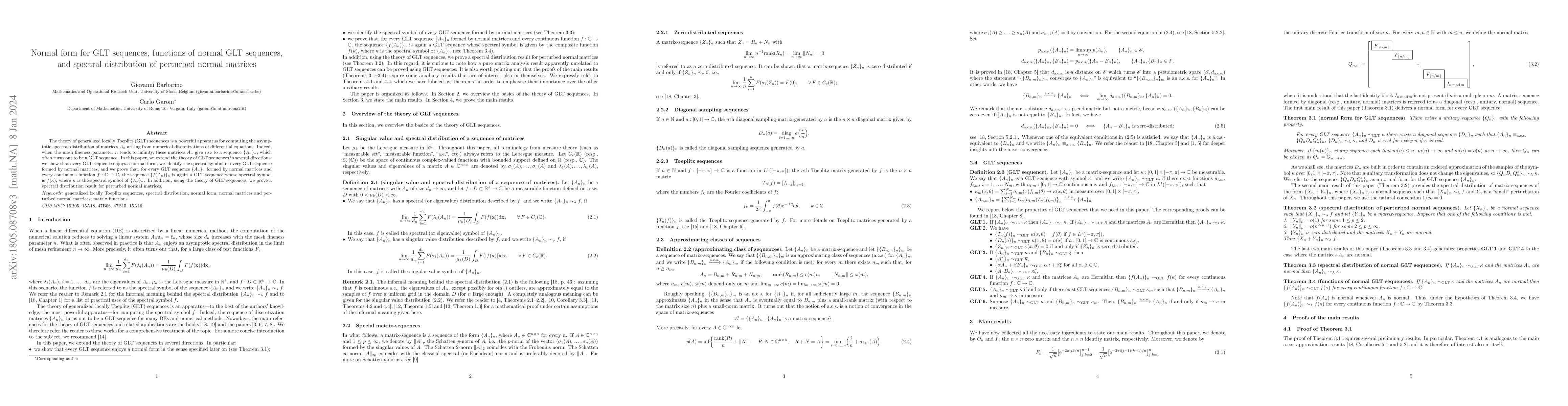 Thumbnail for Normal form for GLT sequences, functions of normal GLT sequences, and
  spectral distribution of perturbed normal matrices