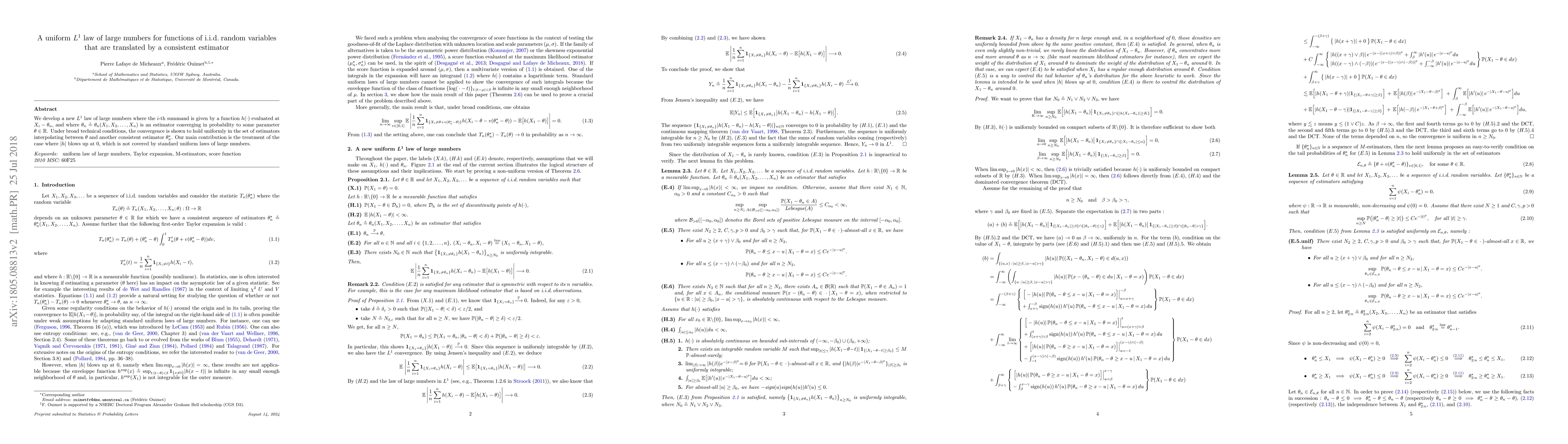Thumbnail for A uniform $L^1$ law of large numbers for functions of i.i.d. random
  variables that are translated by a consistent estimator