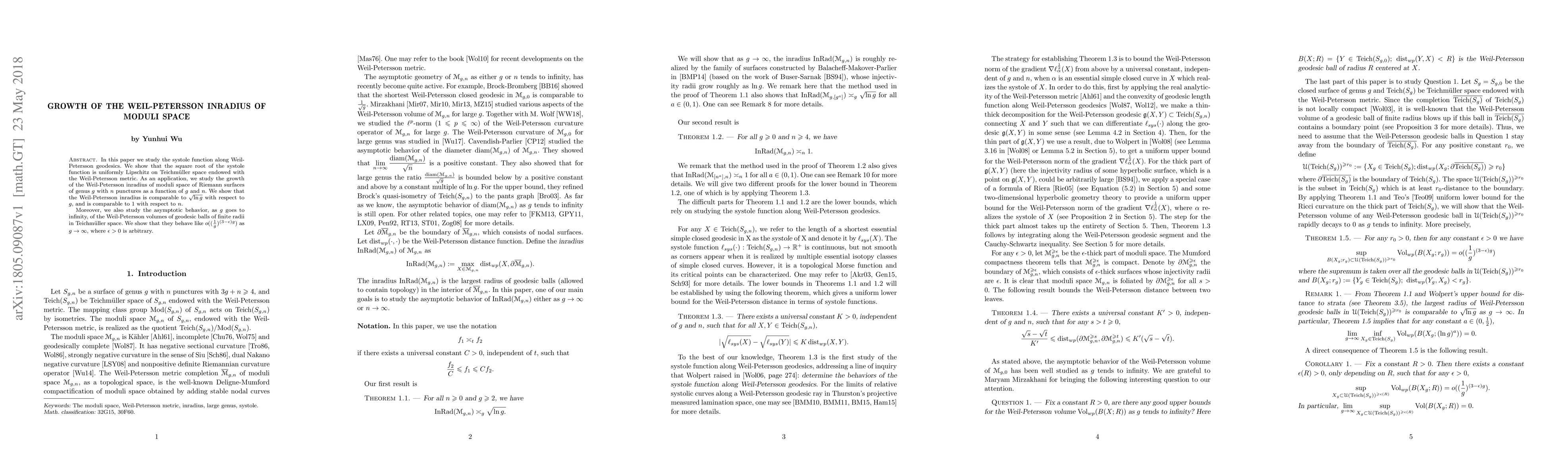 Thumbnail for Growth of the Weil-Petersson inradius of moduli space