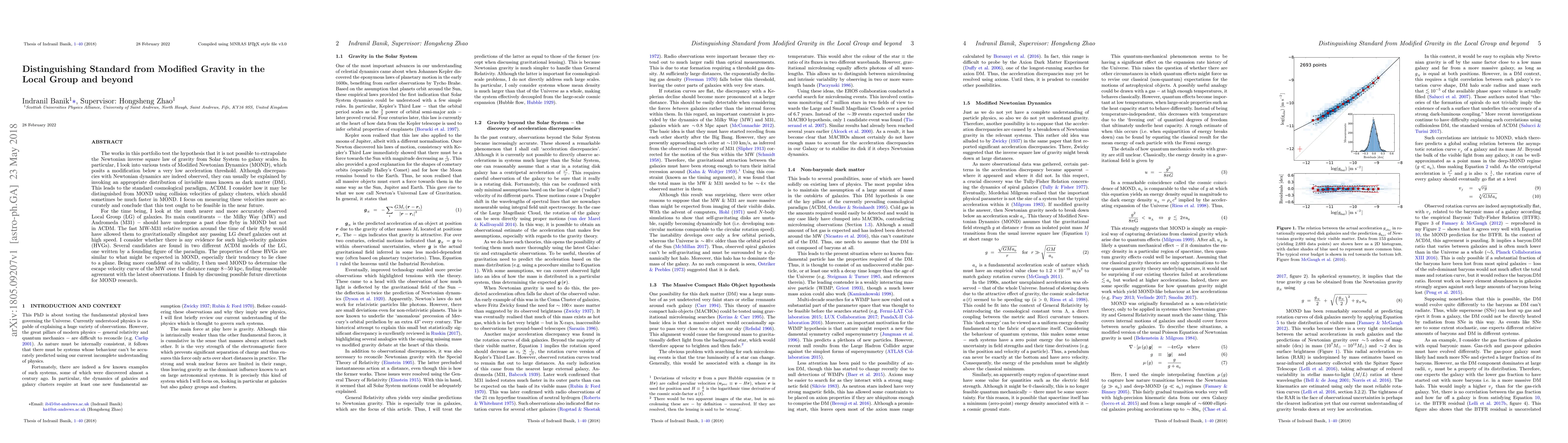 Thumbnail for Distinguishing Standard from Modified Gravity in the Local Group and
  beyond