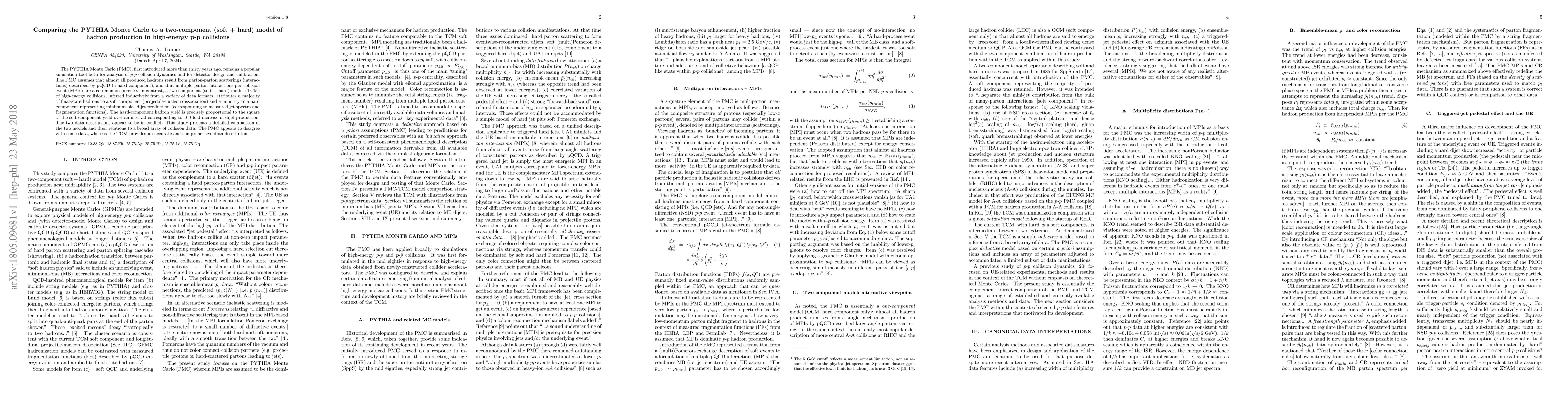Thumbnail for Comparing the PYTHIA Monte Carlo to a two-component (soft + hard) model
  of hadron production in high-energy p-p collisions
