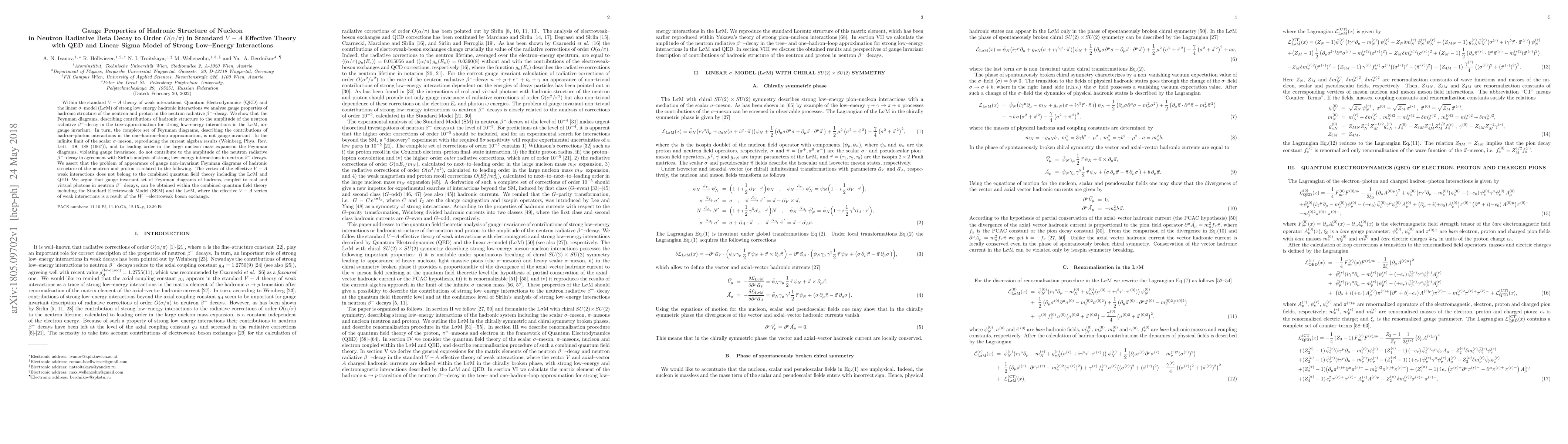Thumbnail for Gauge Properties of Hadronic Structure of Nucleon in Neutron Radiative
  Beta Decay to Order O(alpha/pi) in Standard V - A Effective Theory with QED
  and Linear Sigma Model of Strong Low--Energy Interactions