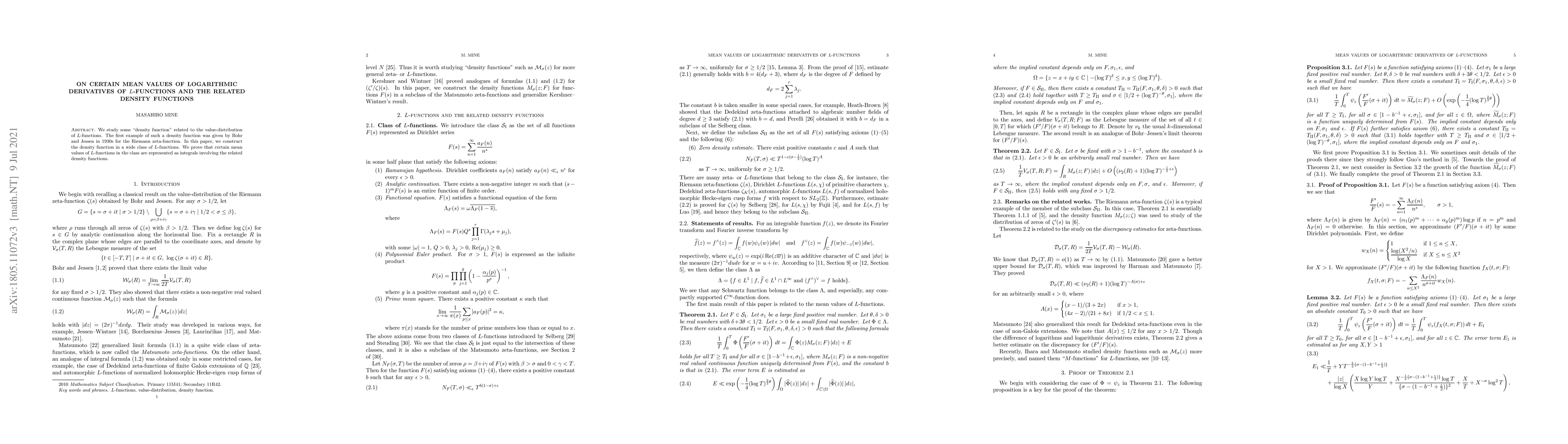 Thumbnail for On certain mean values of logarithmic derivatives of $L$-functions and
  the related density functions