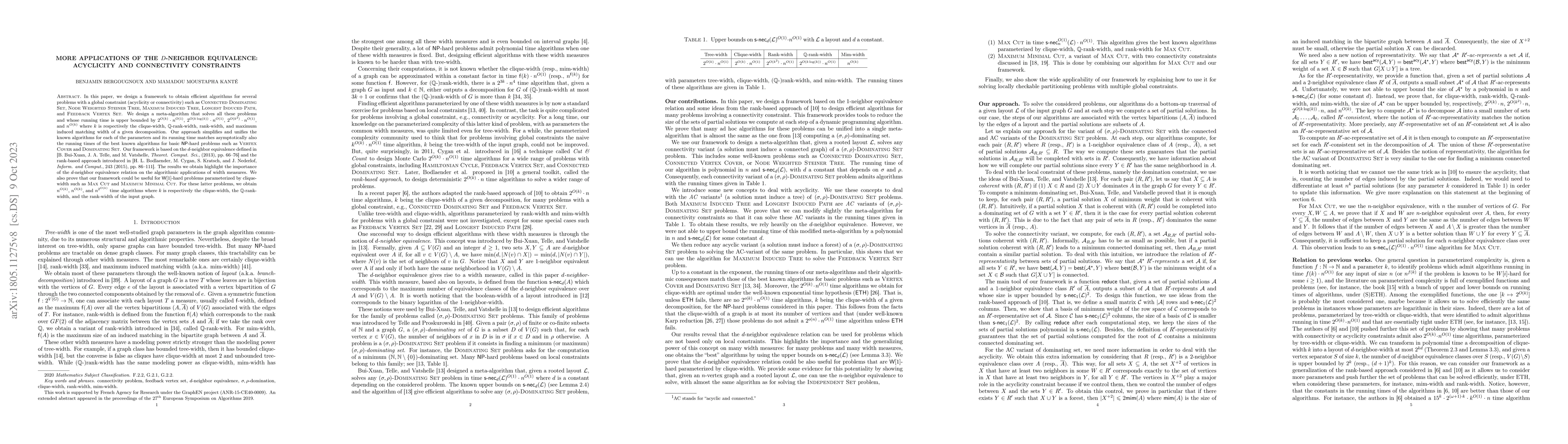 Thumbnail for More applications of the d-neighbor equivalence: acyclicity and
  connectivity constraints