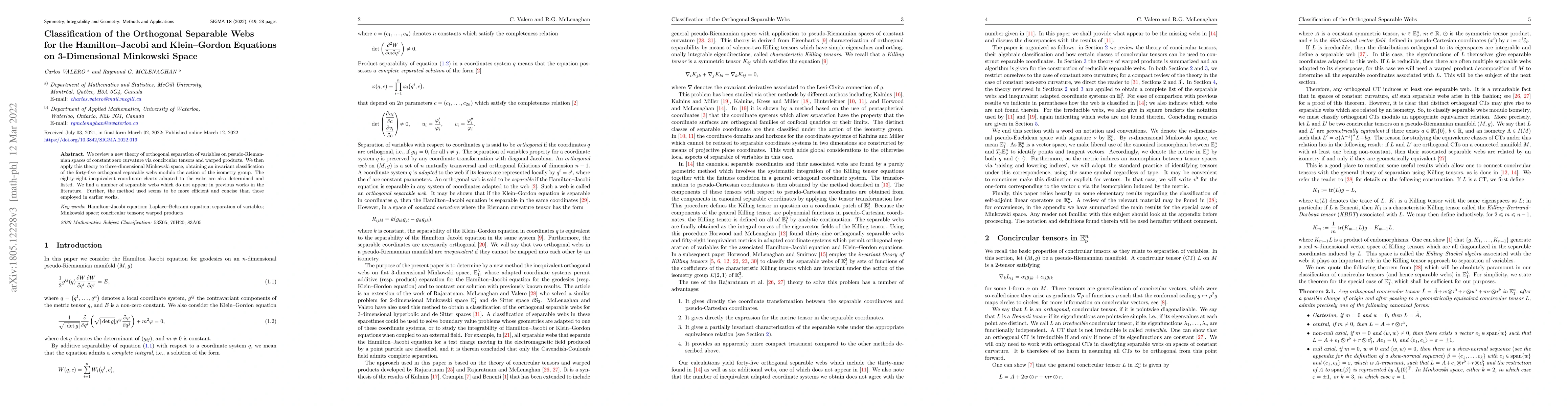 Thumbnail for Classification of the Orthogonal Separable Webs for the Hamilton-Jacobi
  and Klein-Gordon Equations on 3-Dimensional Minkowski Space