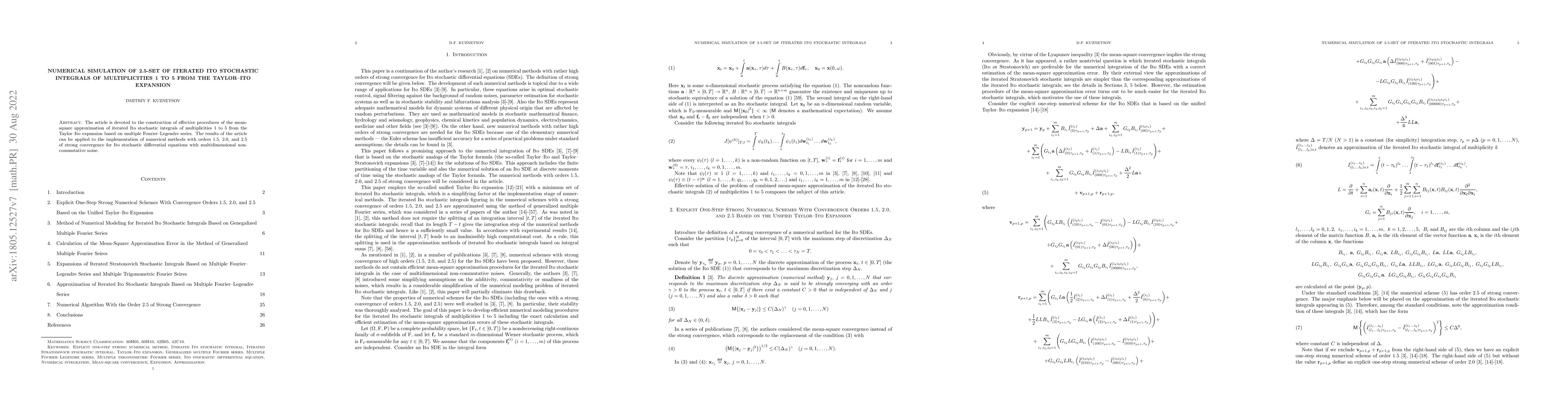 Thumbnail for Numerical Simulation of 2.5-Set of Iterated Ito Stochastic Integrals of
  Multiplicities 1 to 5 From the Taylor-Ito Expansion
