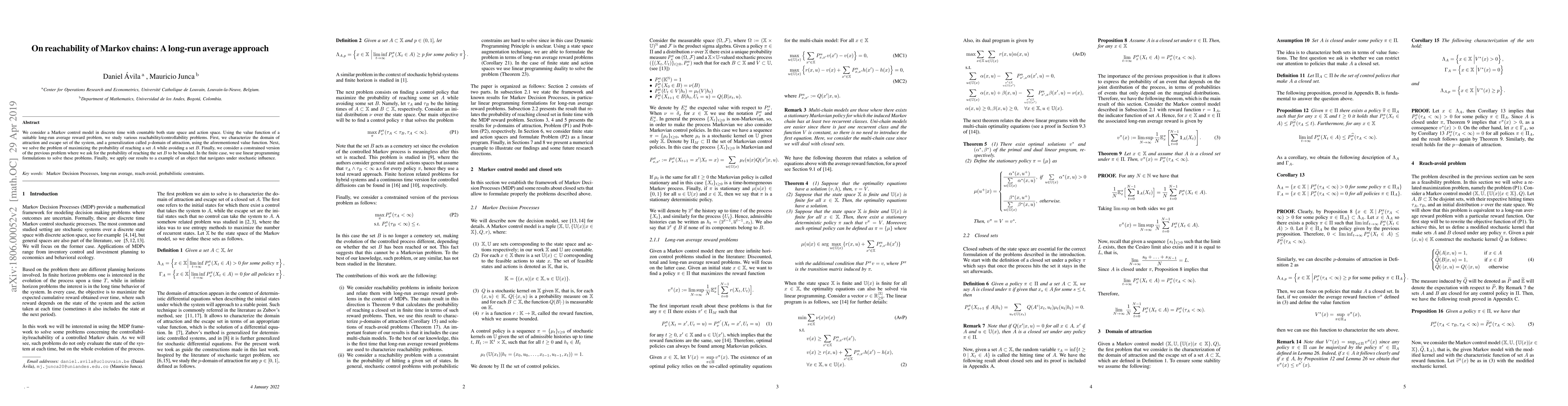 Thumbnail for On reachability of Markov chains: A long-run average approach