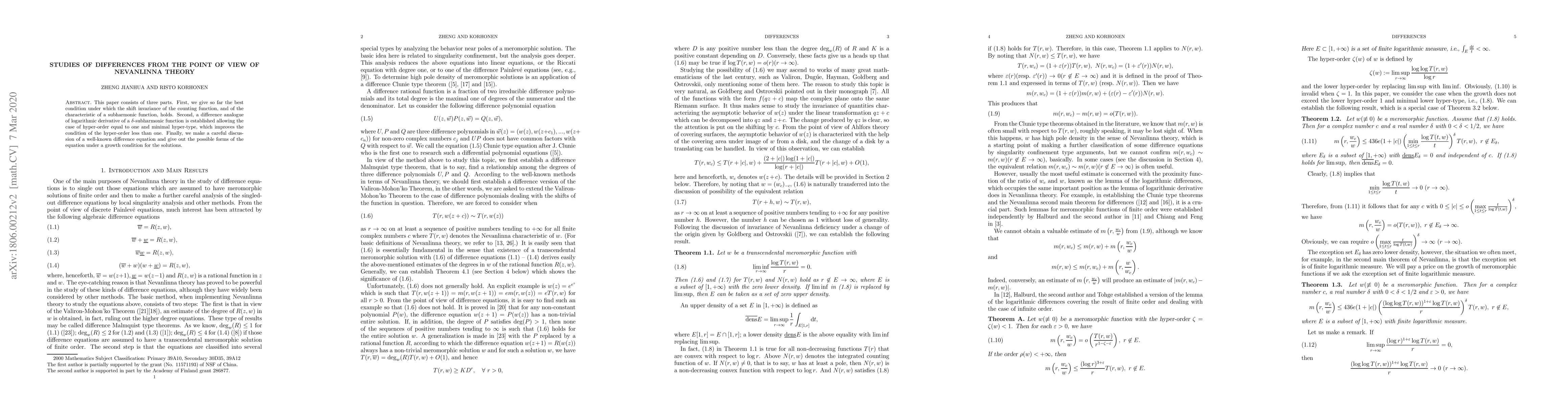 Thumbnail for Studies of Differences from the point of view of Nevanlinna Theory