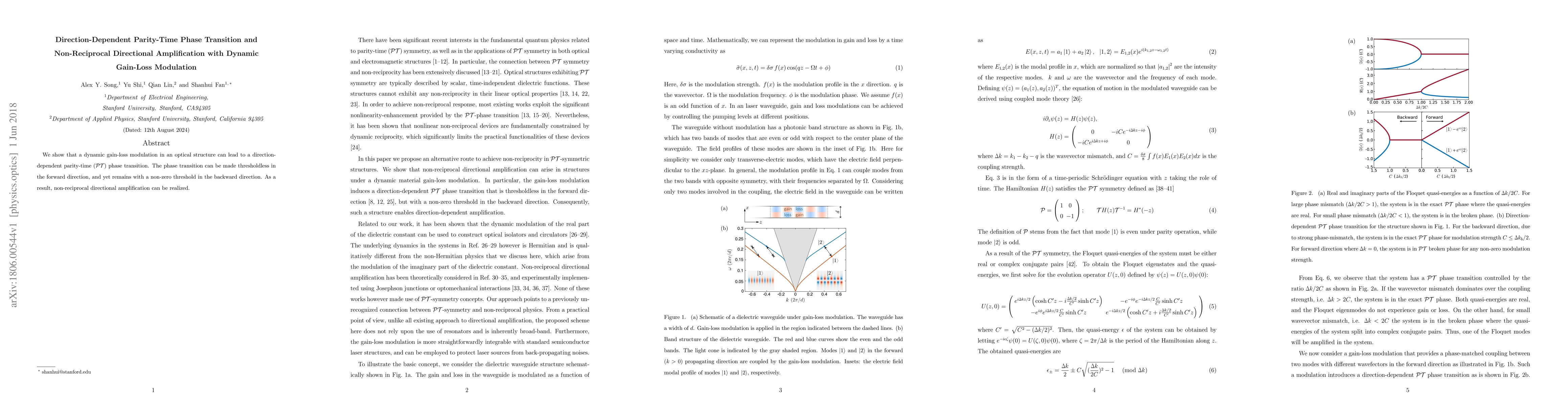 Thumbnail for Direction-Dependent Parity-Time Phase Transition and Non-Reciprocal
  Directional Amplification with Dynamic Gain-Loss Modulation