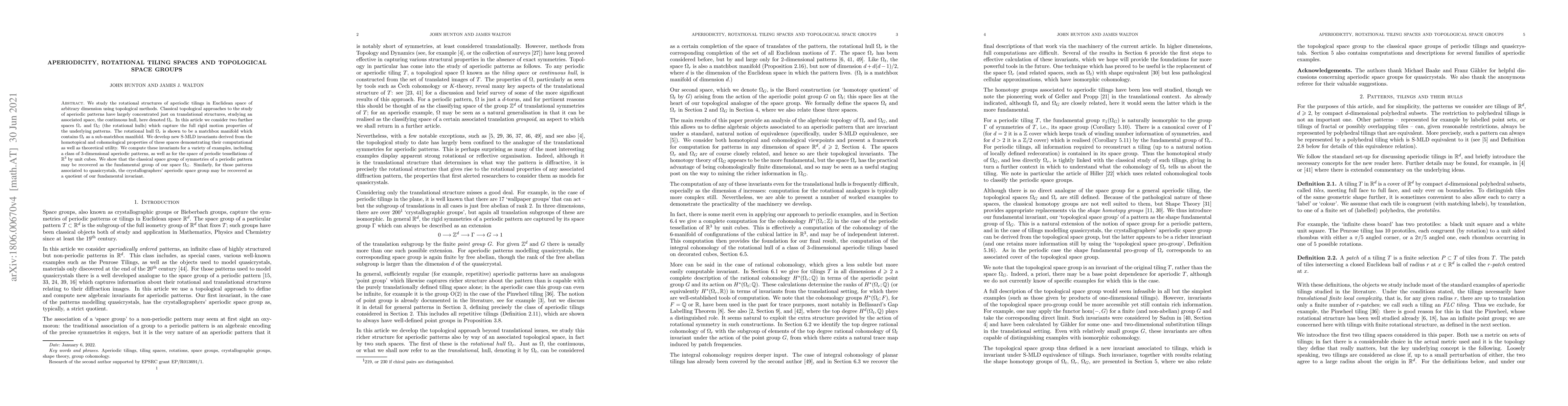 Thumbnail for Aperiodicity, rotational tiling spaces and topological space groups