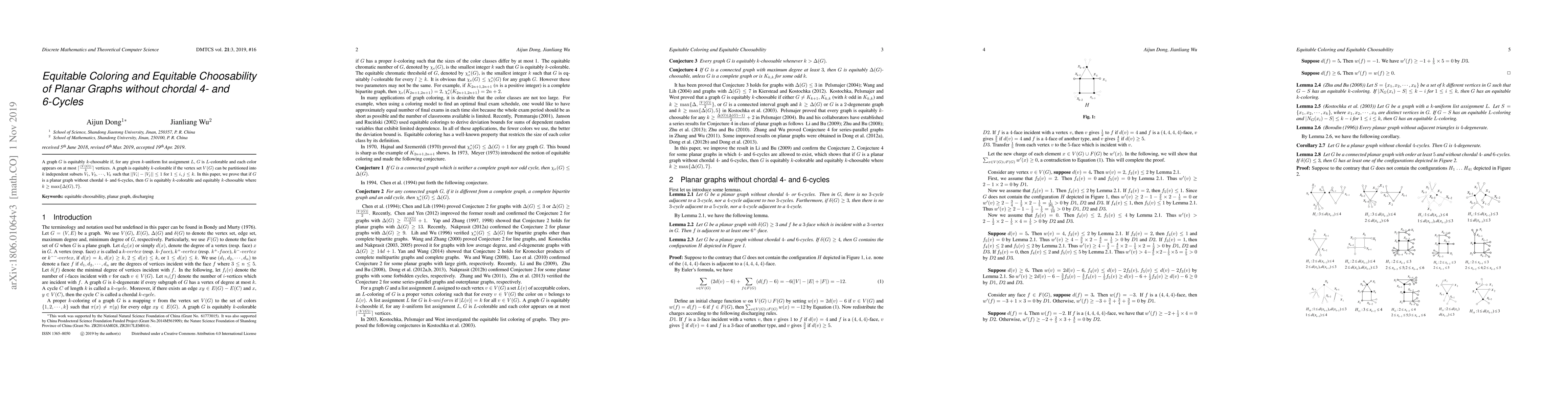 Thumbnail for Equitable Coloring and Equitable Choosability of Planar Graphs without
  chordal 4- and 6-Cycles