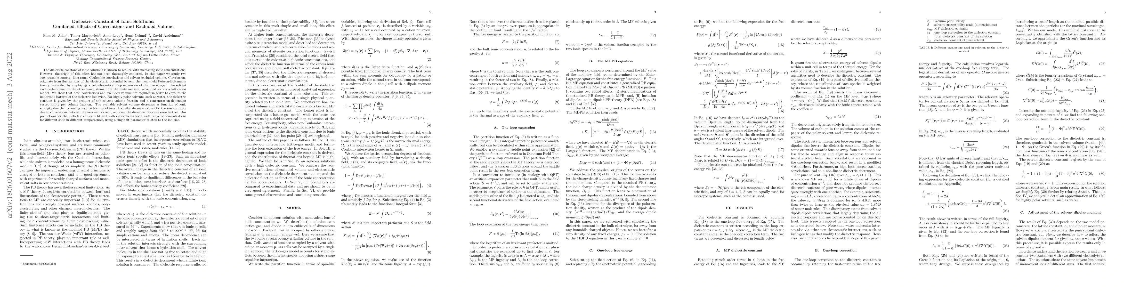 Thumbnail for Dielectric Constant of Ionic Solutions: Combined Effects of Correlations
  and Excluded Volume