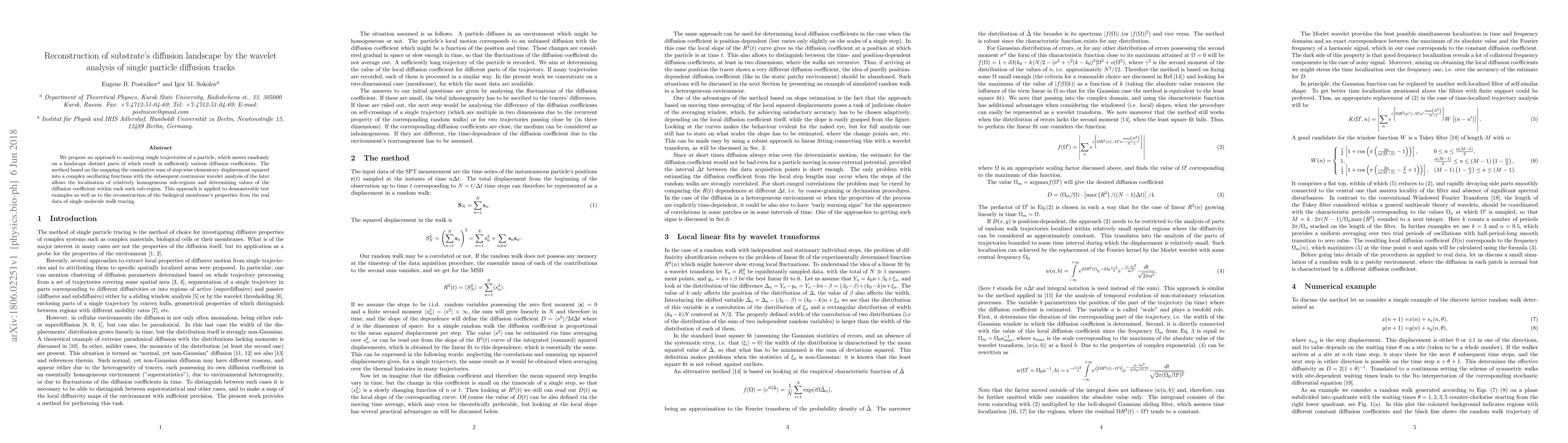 Thumbnail for Reconstruction of substrate's diffusion landscape by the wavelet
  analysis of single particle diffusion tracks