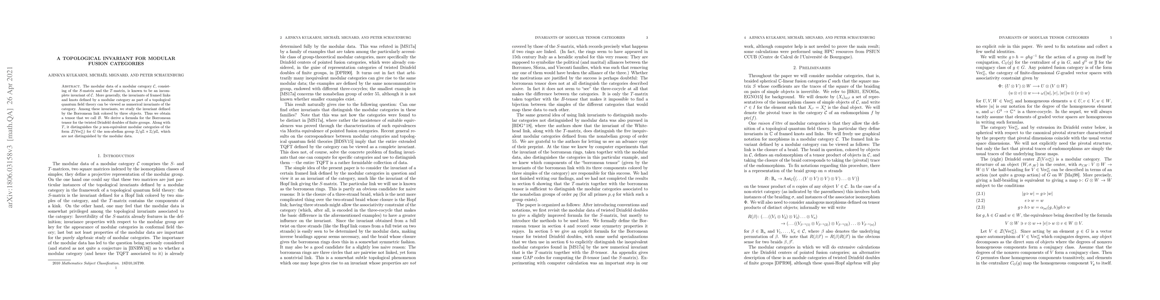 Thumbnail for A Topological Invariant for Modular Fusion Categories