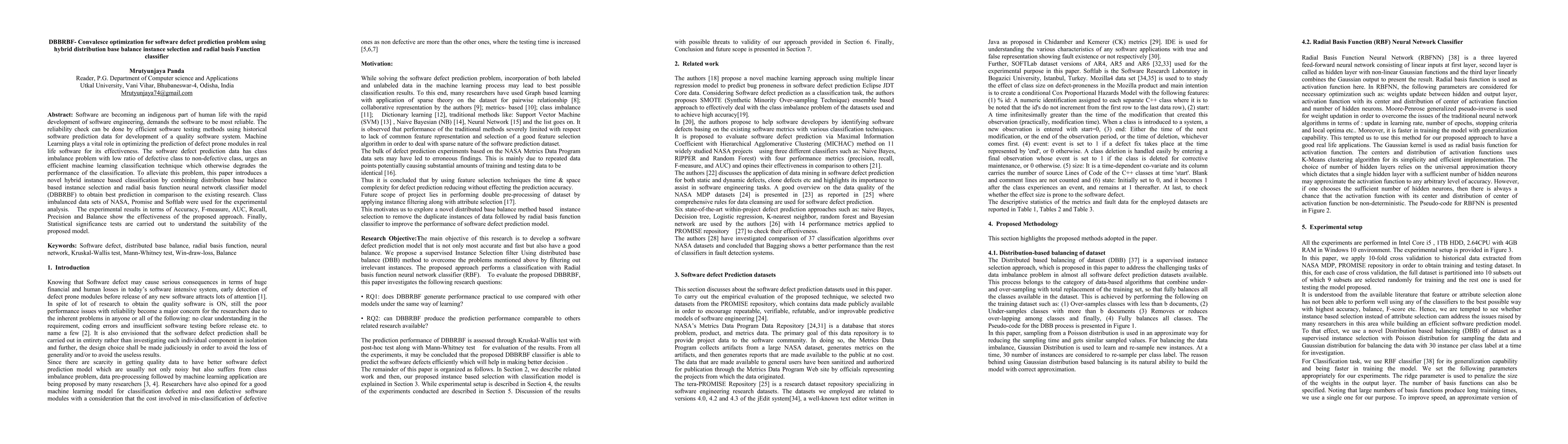 Thumbnail for DBBRBF- Convalesce optimization for software defect prediction problem
  using hybrid distribution base balance instance selection and radial basis
  Function classifier