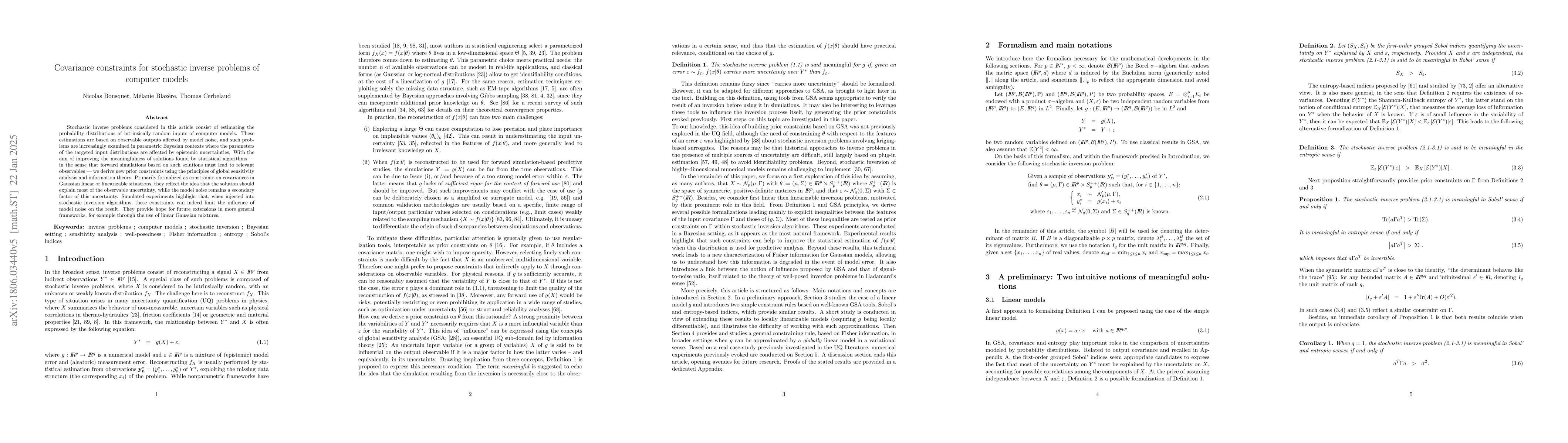 Thumbnail for Covariance constraints for stochastic inverse problems of computer
  models
