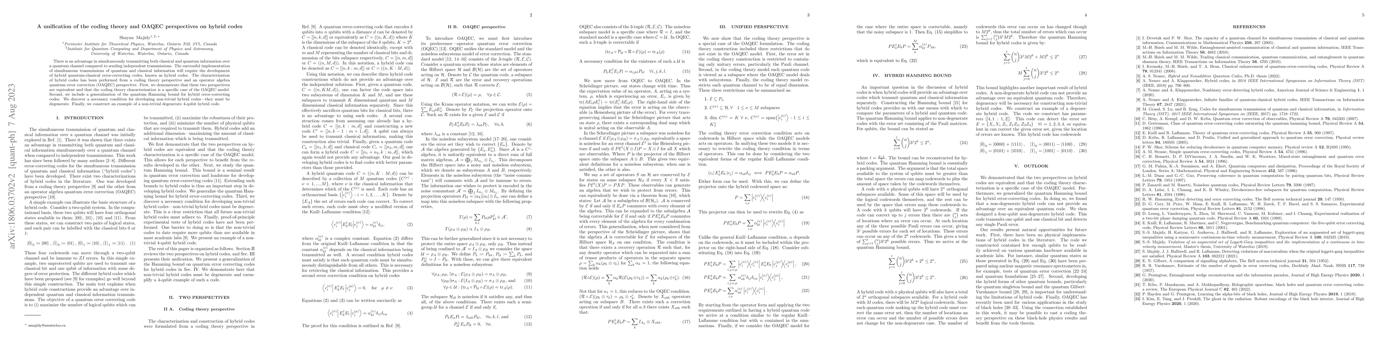 Thumbnail for A unification of the coding theory and OAQEC perspective on hybrid codes