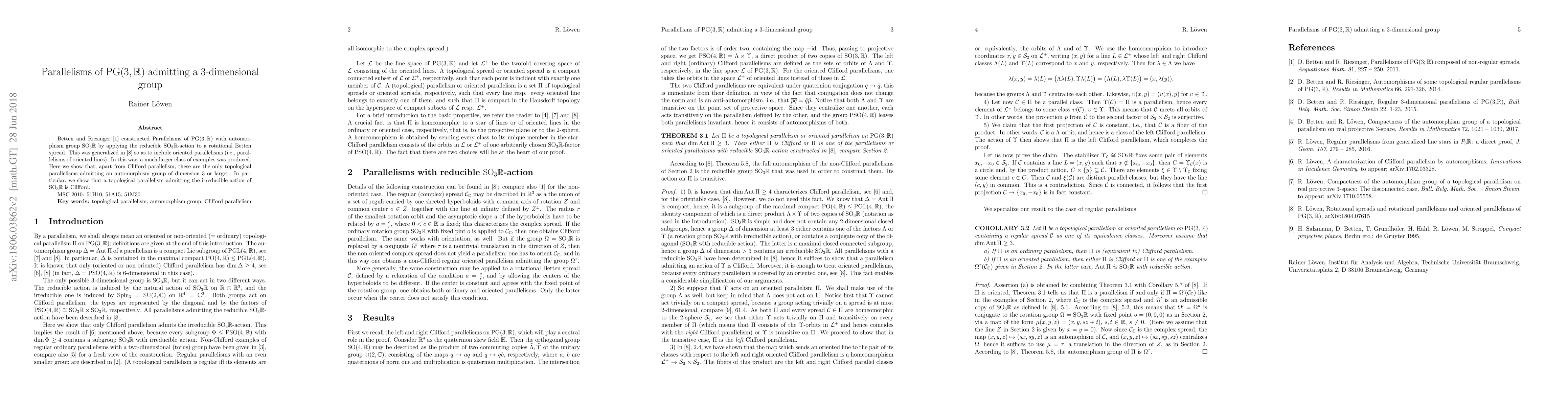 Thumbnail for Parallelisms of $\mathop{\rm PG}(3,\mathbb R)$ admitting a 3-dimensional
  group