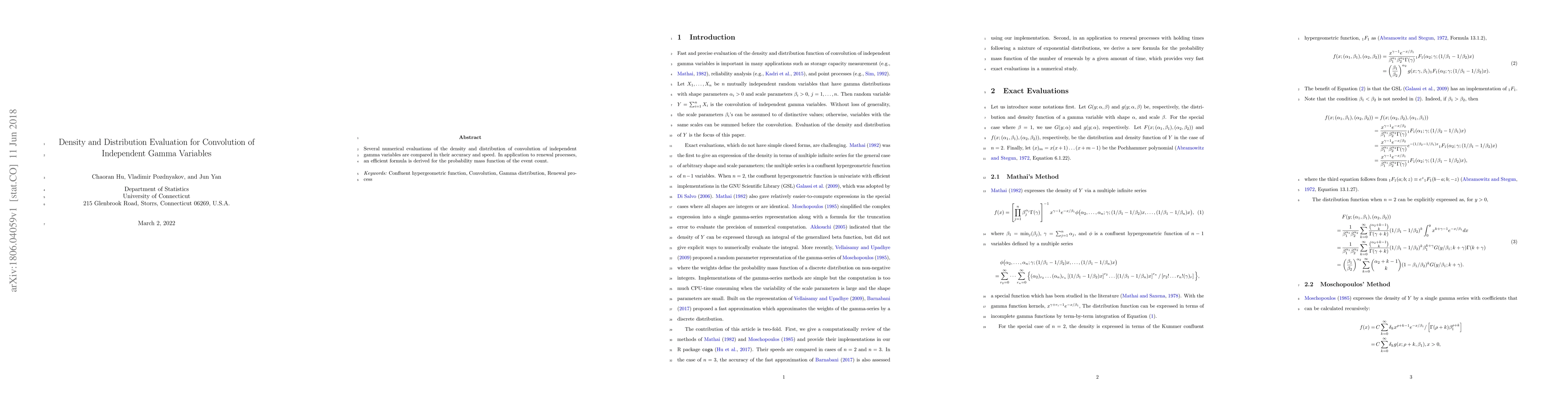 Thumbnail for Density and Distribution Evaluation for Convolution of Independent Gamma
  Variables