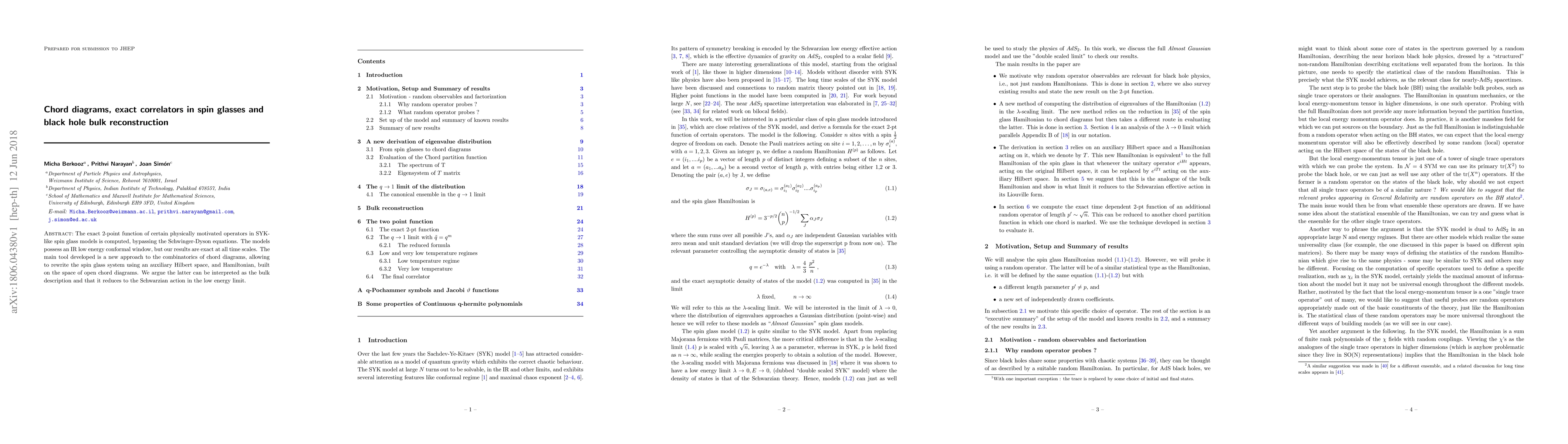 Thumbnail for Chord diagrams, exact correlators in spin glasses and black hole bulk
  reconstruction