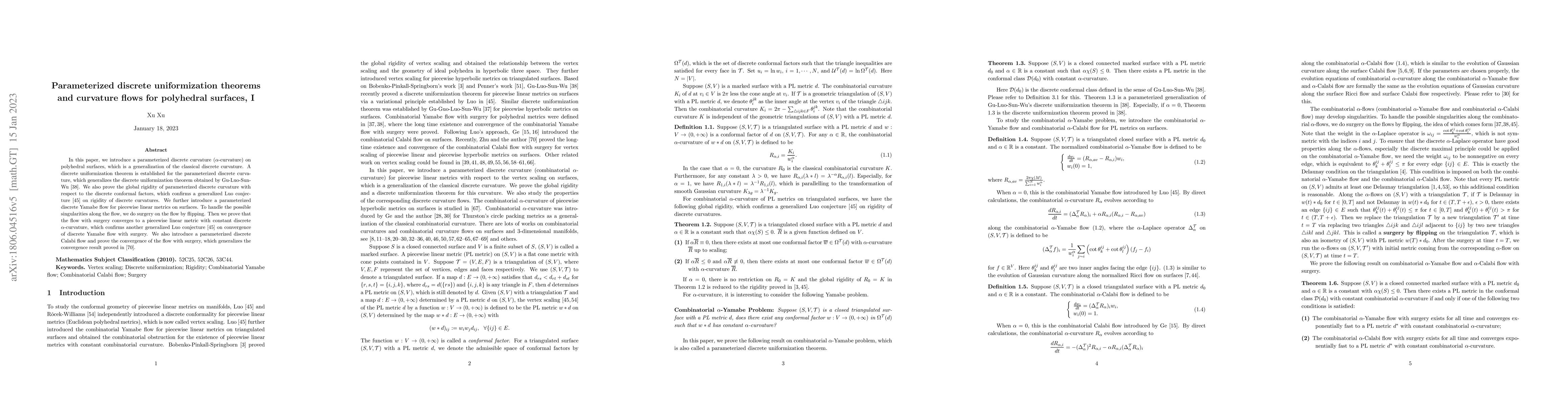 Thumbnail for Parameterized discrete uniformization theorems and curvature flows for
  polyhedral surfaces, I