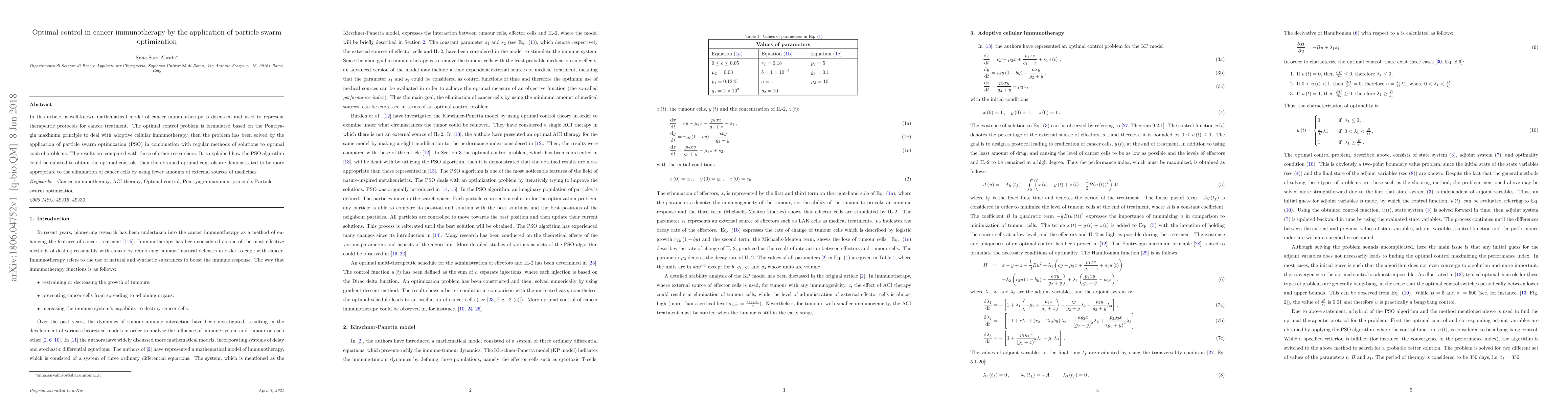Thumbnail for Optimal control in cancer immunotherapy by the application of particle
  swarm optimization