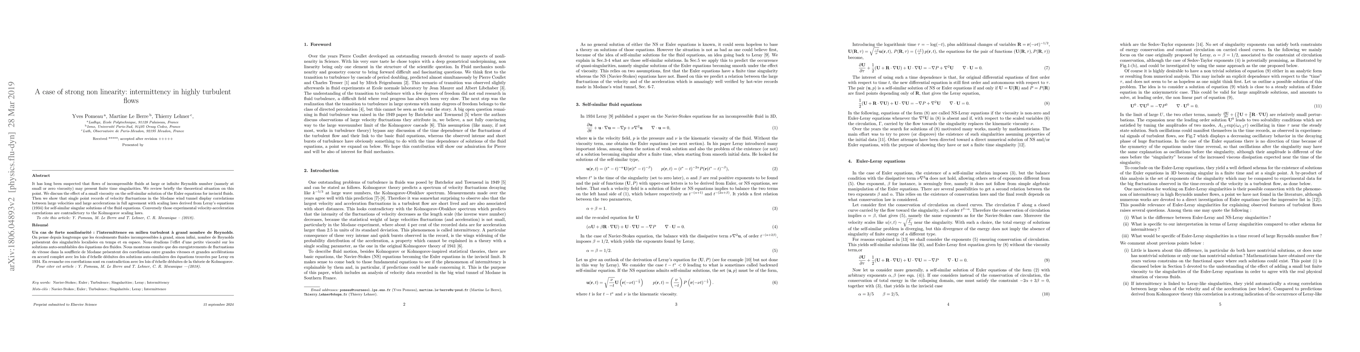 Thumbnail for A case of strong non linearity: intermittency in highly turbulent flows