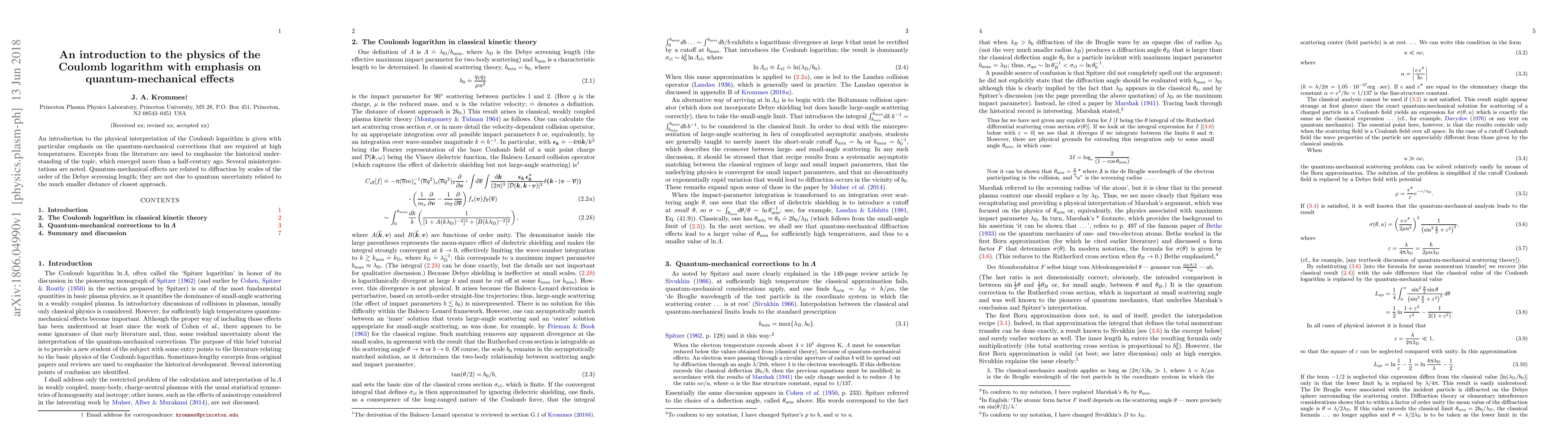 Thumbnail for An introduction to the physics of the Coulomb logarithm with emphasis on
  quantum-mechanical effects