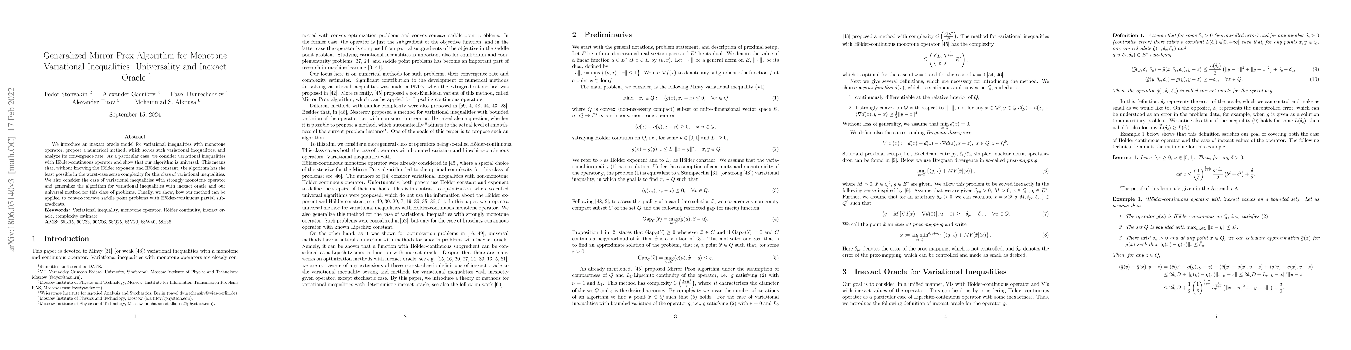 Thumbnail for Generalized Mirror Prox for Monotone Variational Inequalities:
  Universality and Inexact Oracle