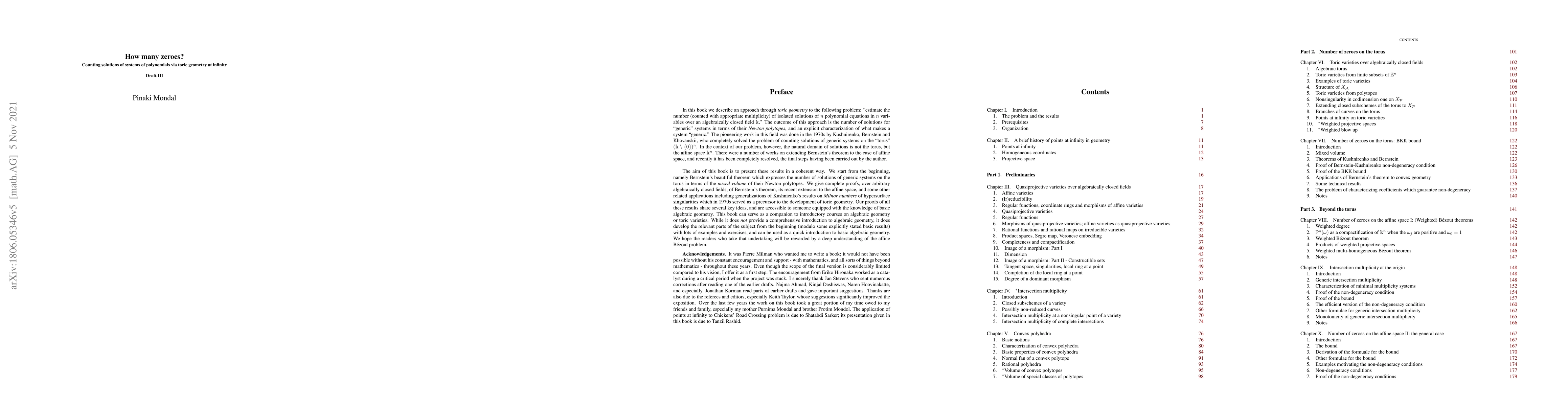 Thumbnail for How many zeroes? Counting the number of solutions of systems of
  polynomials via geometry at infinity (Draft III)