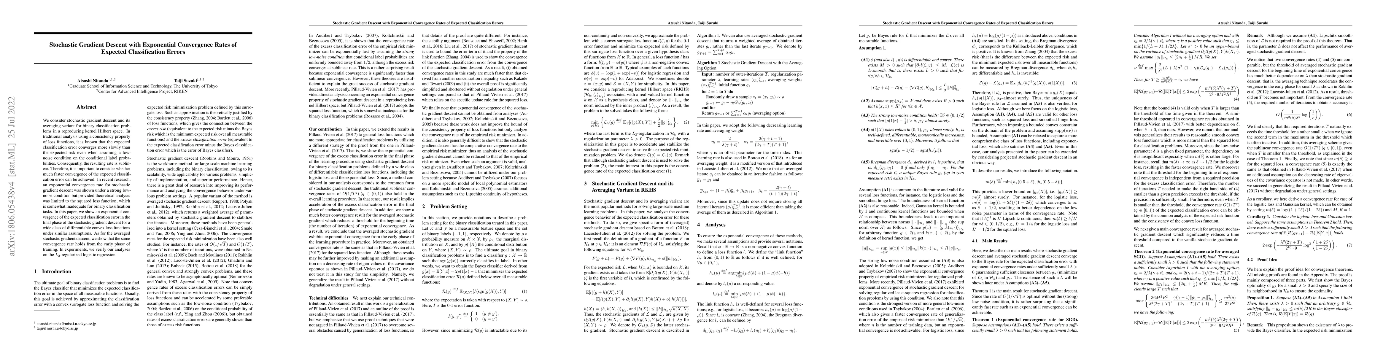 Thumbnail for Stochastic Gradient Descent with Exponential Convergence Rates of
  Expected Classification Errors