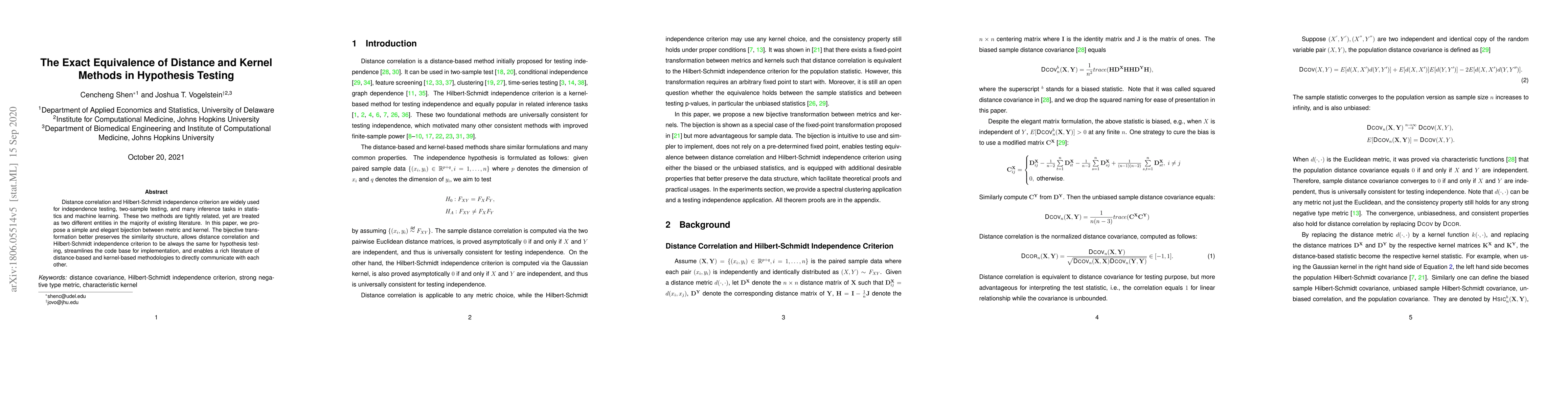 Thumbnail for The Exact Equivalence of Distance and Kernel Methods for Hypothesis
  Testing