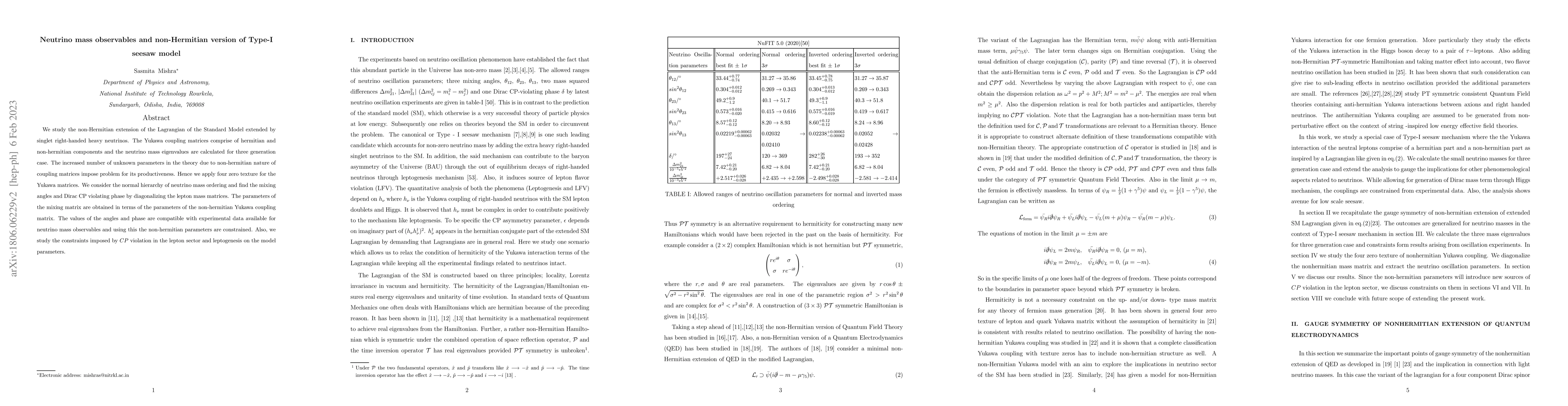 Thumbnail for Neutrino mass observables and non-Hermitian version of Type-I seesaw
  model