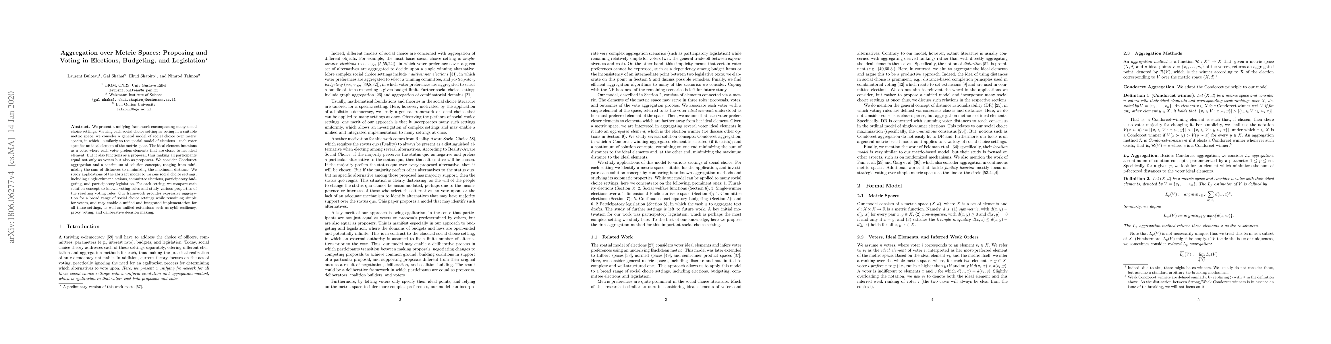 Thumbnail for Aggregation over Metric Spaces: Proposing and Voting in Elections,
  Budgeting, and Legislation