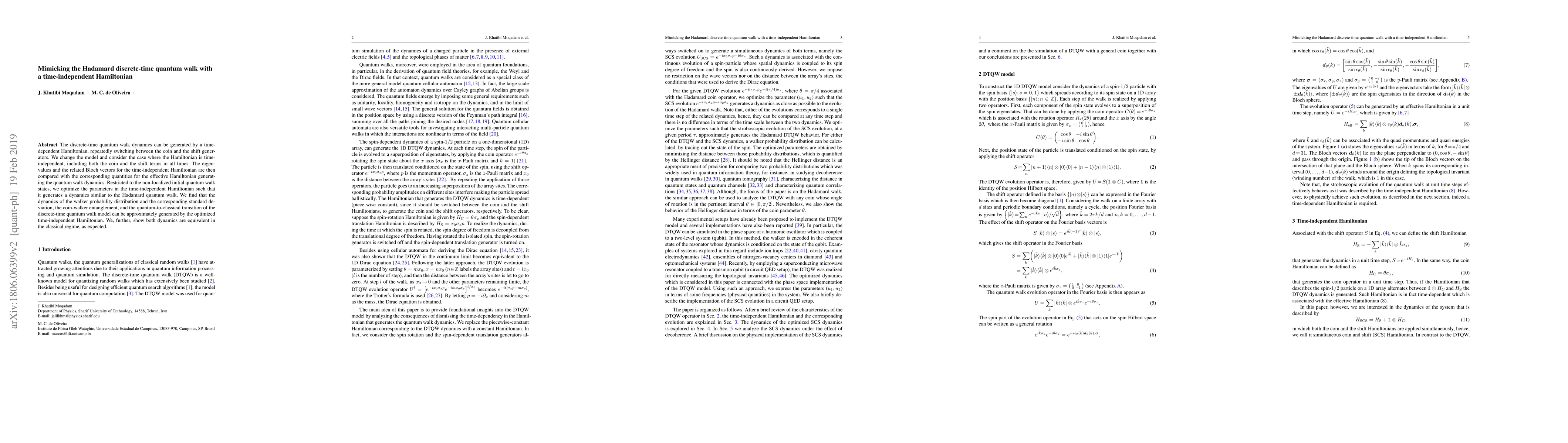 Thumbnail for Mimicking the Hadamard discrete-time quantum walk with a
  time-independent Hamiltonian