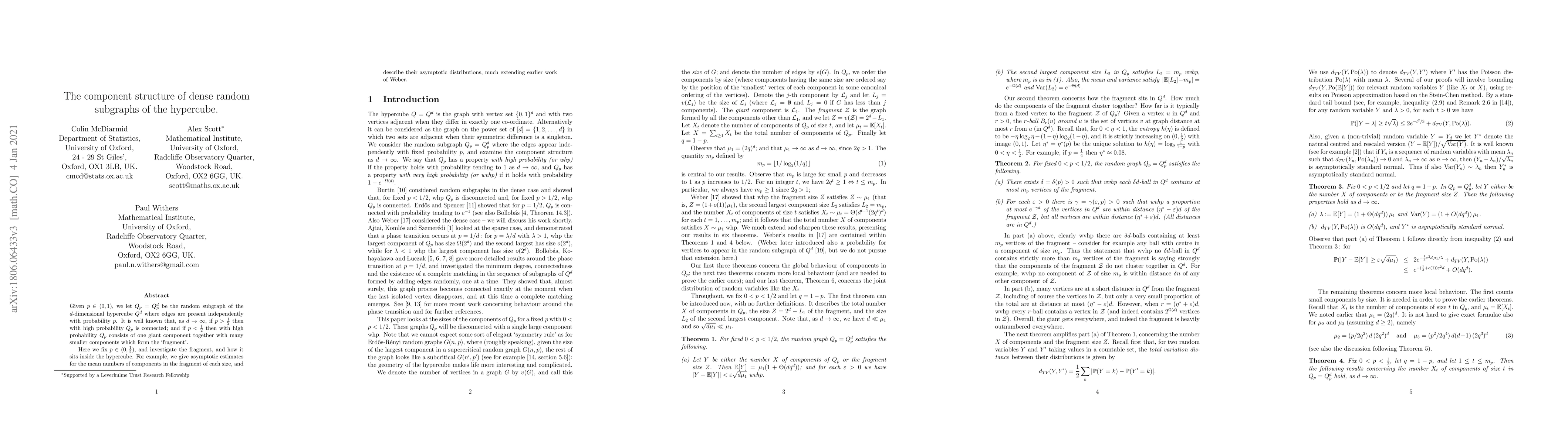 Thumbnail for The component structure of dense random subgraphs of the hypercube