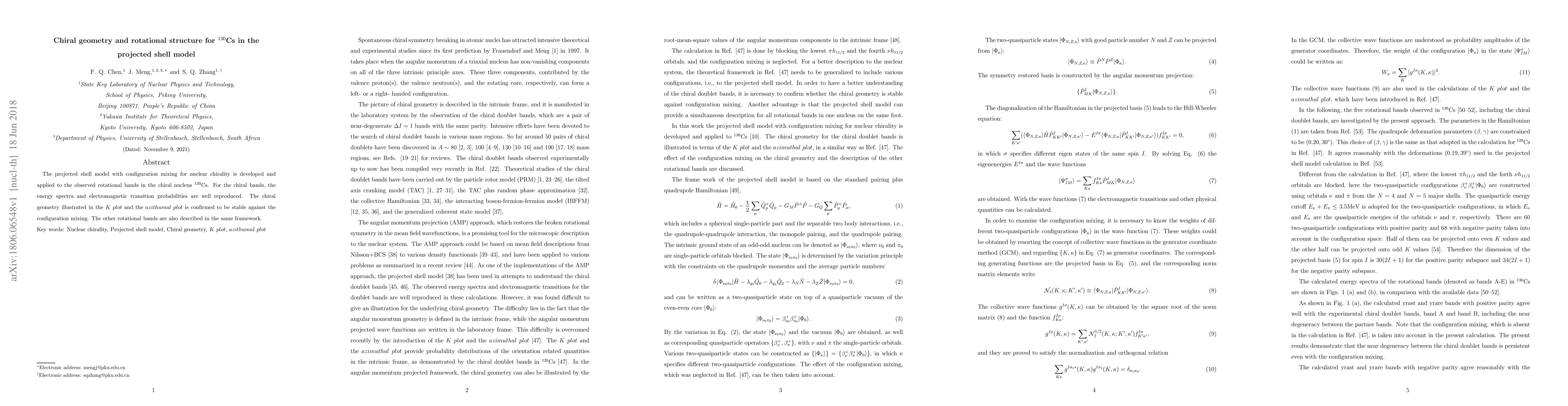 Thumbnail for Chiral geometry and rotational structure for $^{130}$Cs in the projected
  shell model