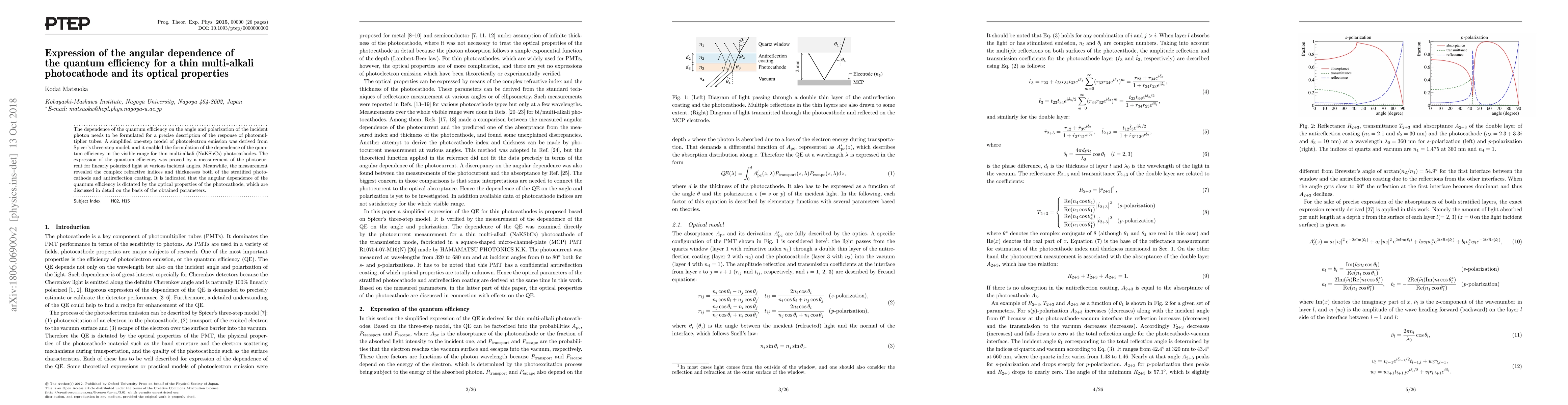Thumbnail for Expression of the angular dependence of the quantum efficiency for a
  thin multi-alkali photocathode and its optical properties