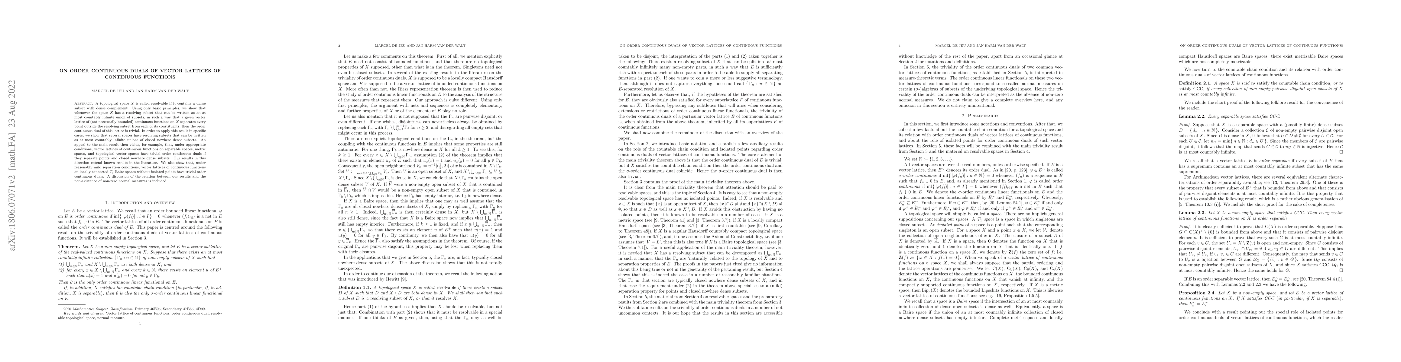 Thumbnail for On order continuous duals of vector lattices of continuous functions on
  resolvable spaces