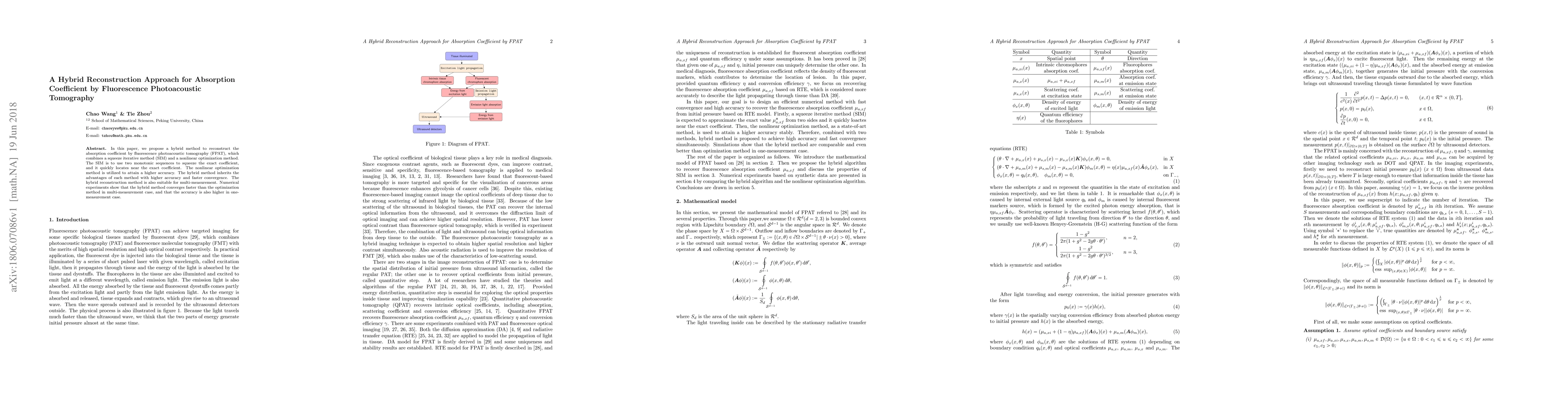 Thumbnail for A Hybrid Reconstruction Approach for Absorption Coefficient by
  Fluorescence Photoacoustic Tomography