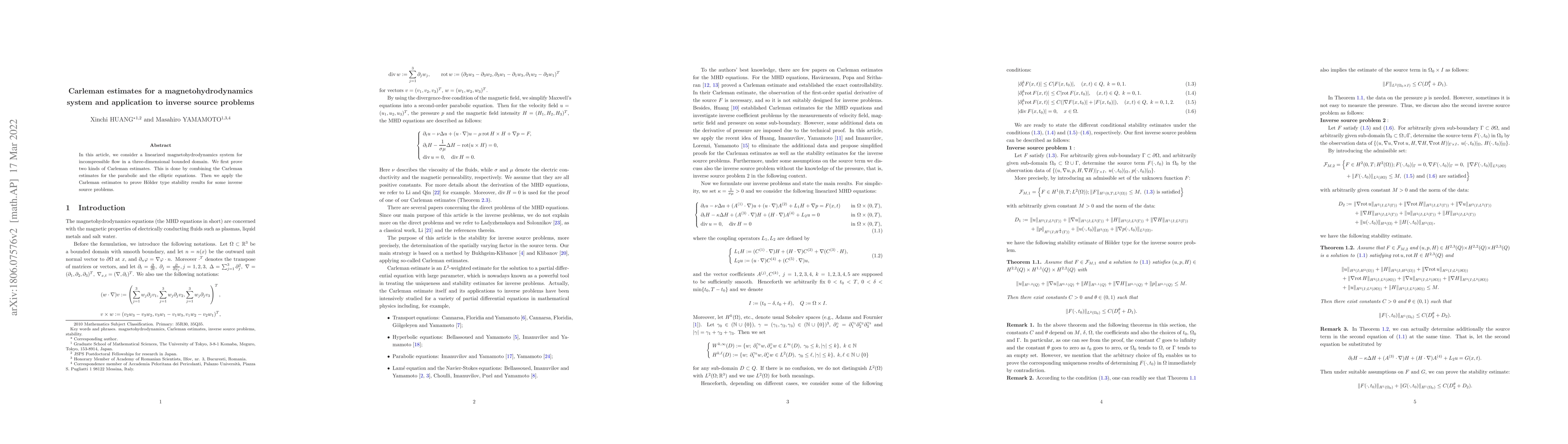 Thumbnail for Carleman estimates for a magnetohydrodynamics system and application to
  inverse source problems
