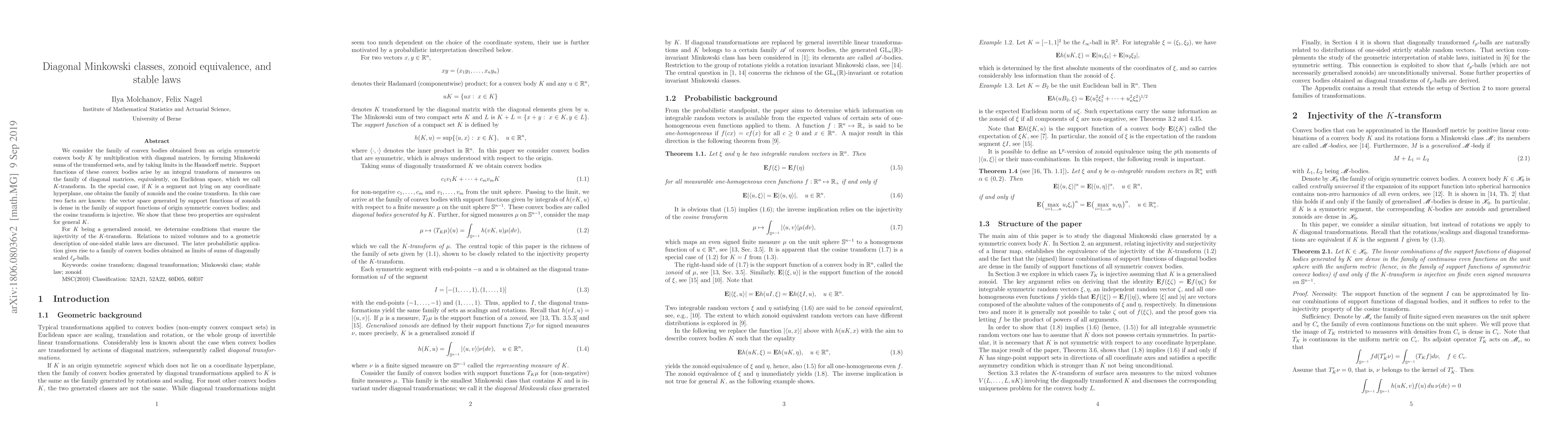 Thumbnail for Diagonal Minkowski classes, zonoid equivalence, and stable laws