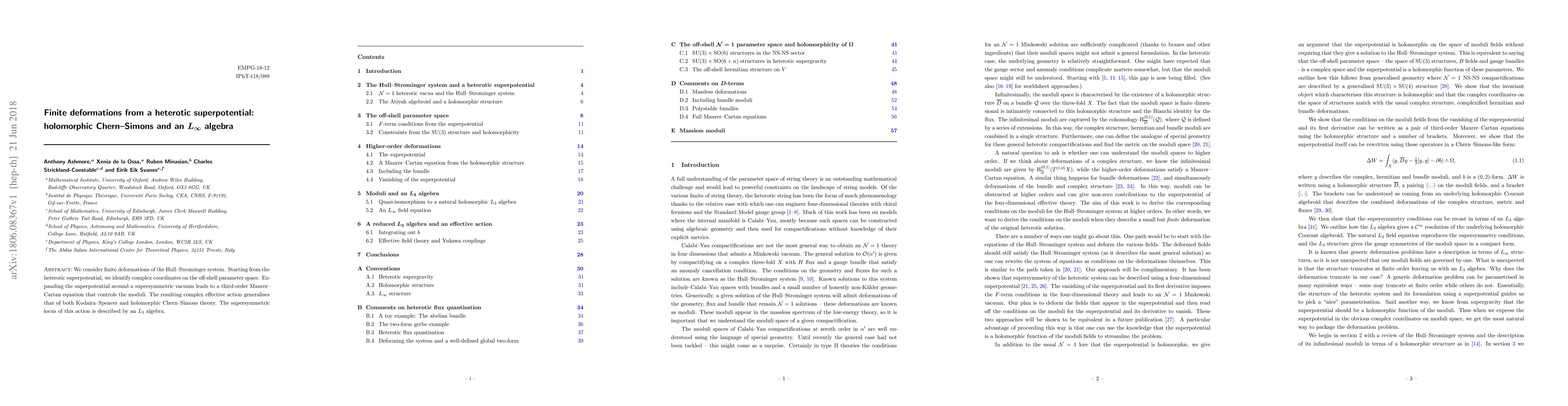 Thumbnail for Finite deformations from a heterotic superpotential: holomorphic
  Chern--Simons and an $L_\infty$ algebra