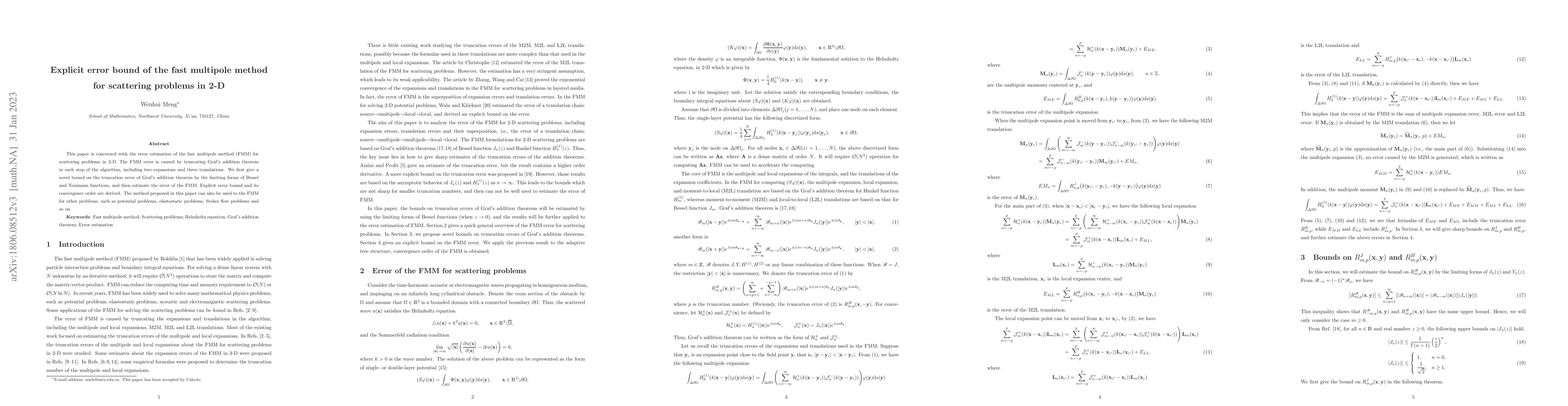 Thumbnail for Explicit error bound of the fast multipole method for scattering
  problems in 2-D