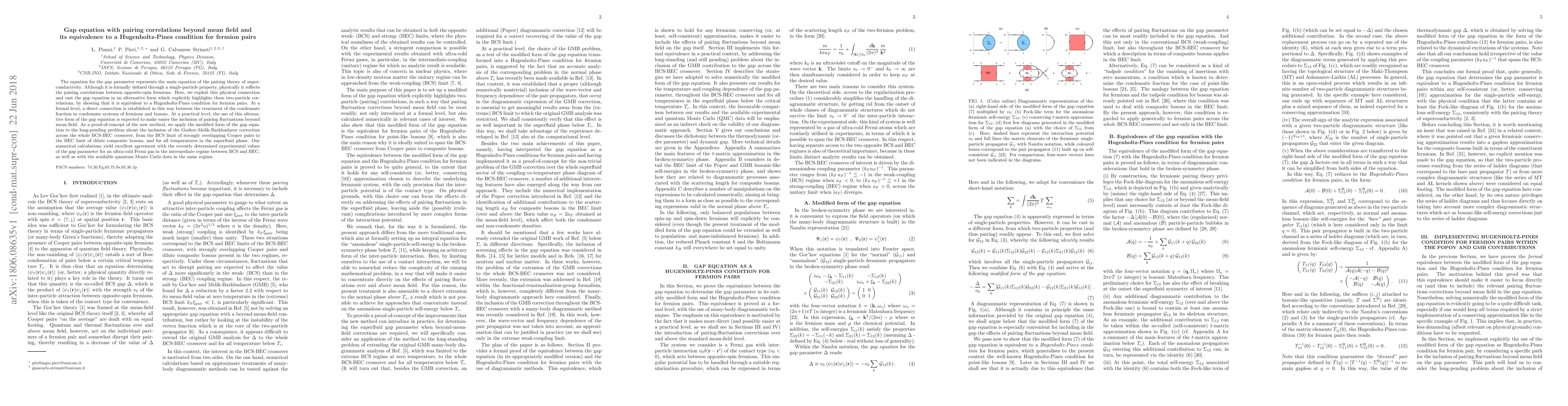 Thumbnail for Gap equation with pairing correlations beyond mean field and its
  equivalence to a Hugenholtz-Pines condition for fermion pairs