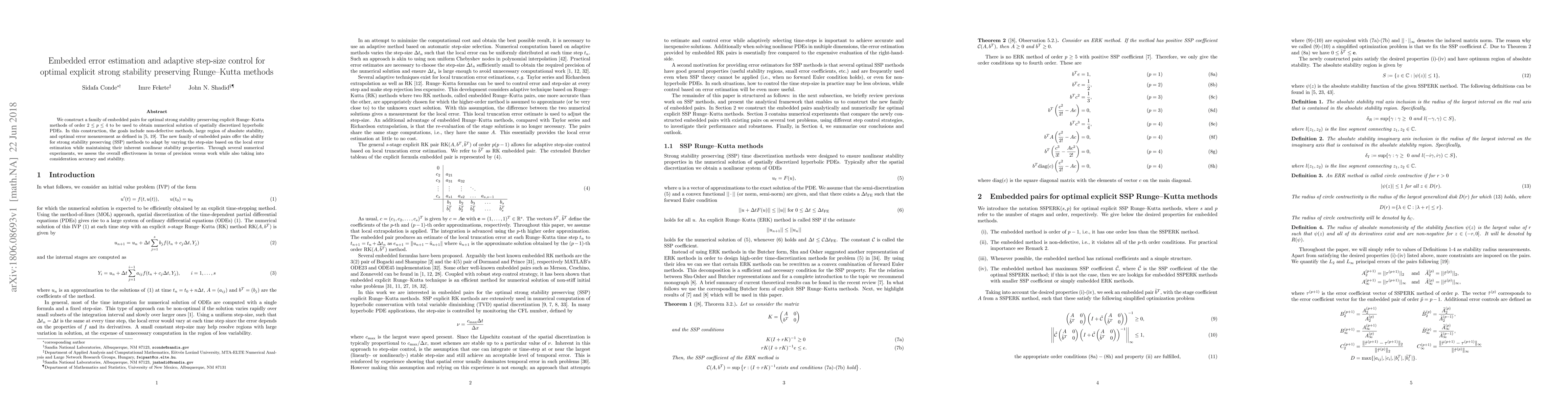 Thumbnail for Embedded error estimation and adaptive step-size control for optimal
  explicit strong stability preserving Runge--Kutta methods